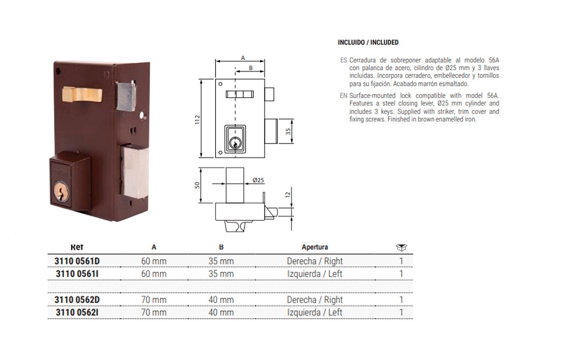 Cofan – Cerradura de Sobreponer de Izquierda | Modelo 56A | Cilindro Ø25 mm | Incluye 3 Llaves | 60 y 70 mm