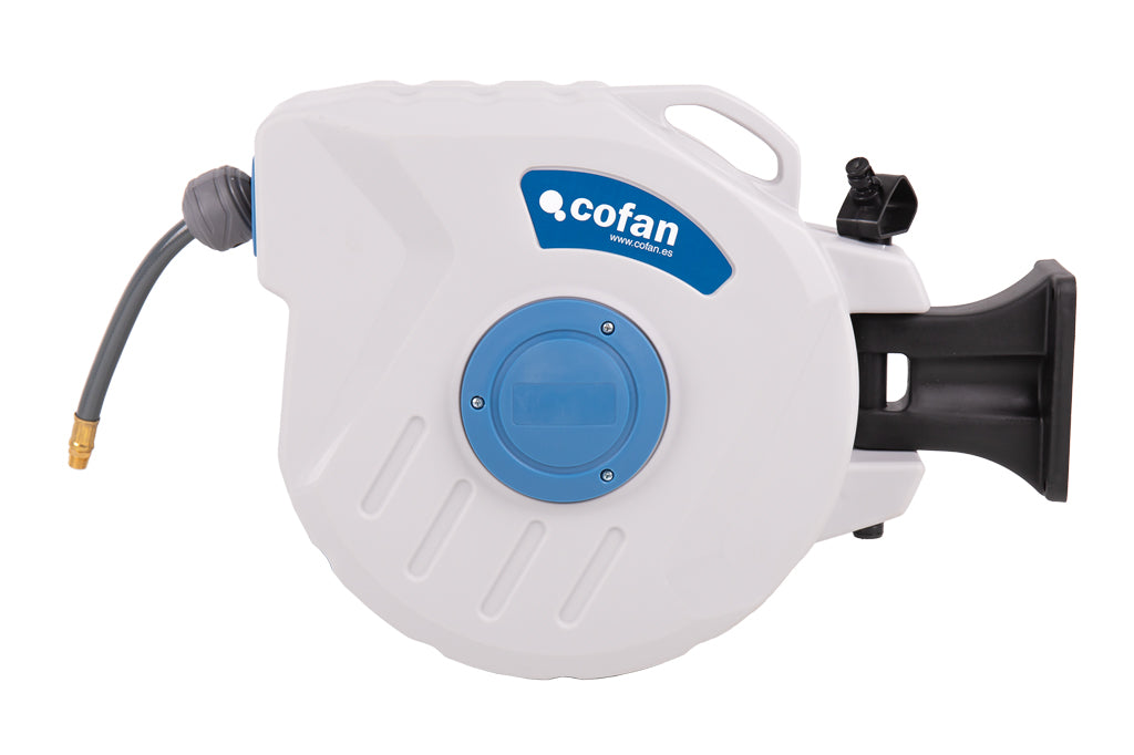 Cofan – Enrollador Automático de Manguera de Aire | 15 m de Longitud | Ø15 mm | Hasta 24 bar | Soporte de Pared Incluido