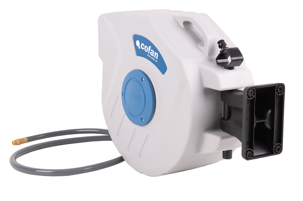 Cofan – Enrollador Automático de Manguera de Aire | 15 m de Longitud | Ø15 mm | Hasta 24 bar | Soporte de Pared Incluido