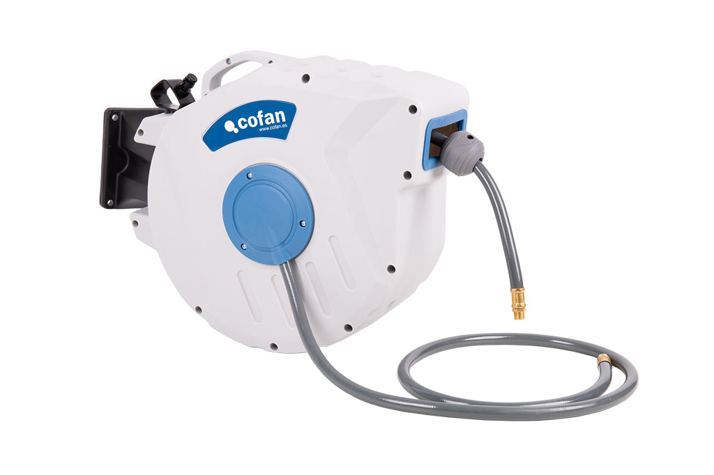 Cofan – Enrollador Automático de Manguera de Aire | 15 m de Longitud | Ø15 mm | Hasta 24 bar | Soporte de Pared Incluido