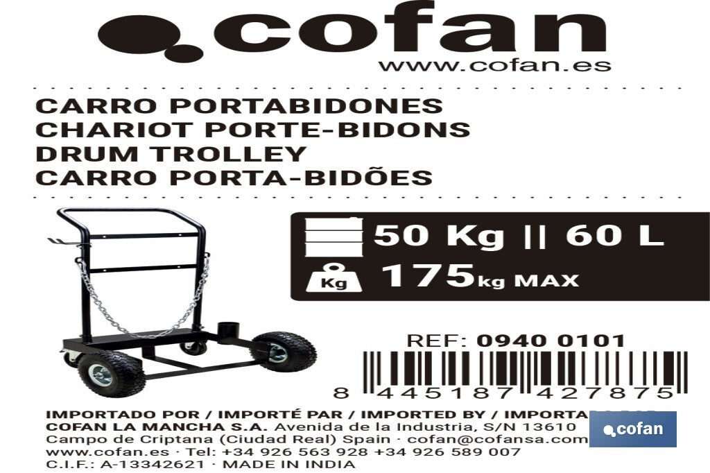 Cofan – Carro Portabidones de Acero | Ruedas Antipinchazo y Cadena de Seguridad | Para Bidones de 60 L