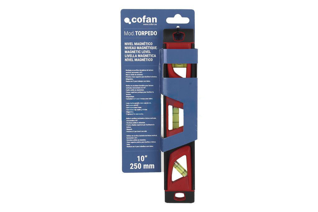 Cofan – Nivel Magnético Tipo Torpedo | Aluminio 250 mm | 3 Burbujas | Ranura en V para Tubería