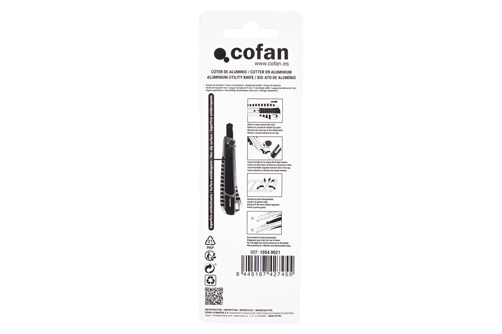 Cofan – Cúter Profesional de Aluminio | Hoja Negra SK2 | Bloqueo Automático | Zona Antideslizante | 9 mm y 18 mm