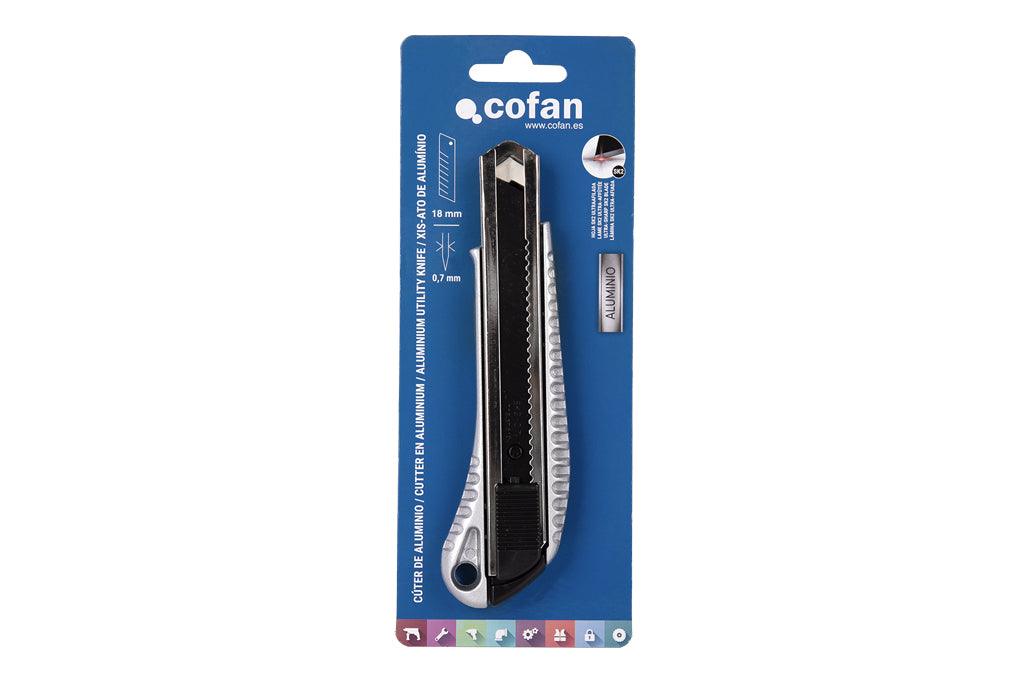 Cofan – Cúter Profesional de Aluminio | Hoja Negra SK2 | Bloqueo Automático | Zona Antideslizante | 9 mm y 18 mm