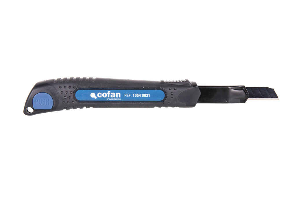 Cofan – Cúter Profesional de ABS con Recubrimiento Antideslizante TPR | Hoja Negra SK2 | Bloqueo Automático | 3 Tamaños Disponibles