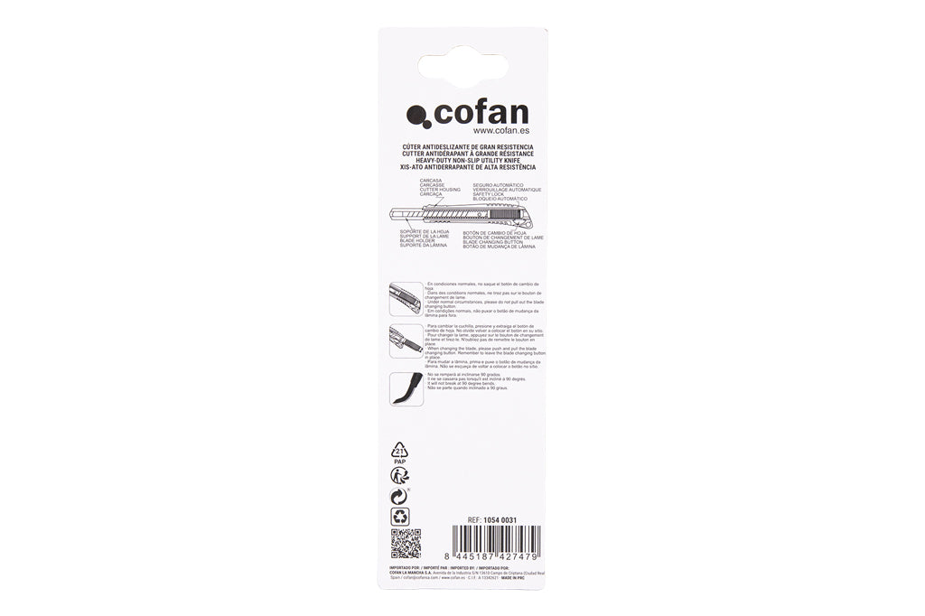 Cofan – Cúter Profesional de ABS con Recubrimiento Antideslizante TPR | Hoja Negra SK2 | Bloqueo Automático | 3 Tamaños Disponibles