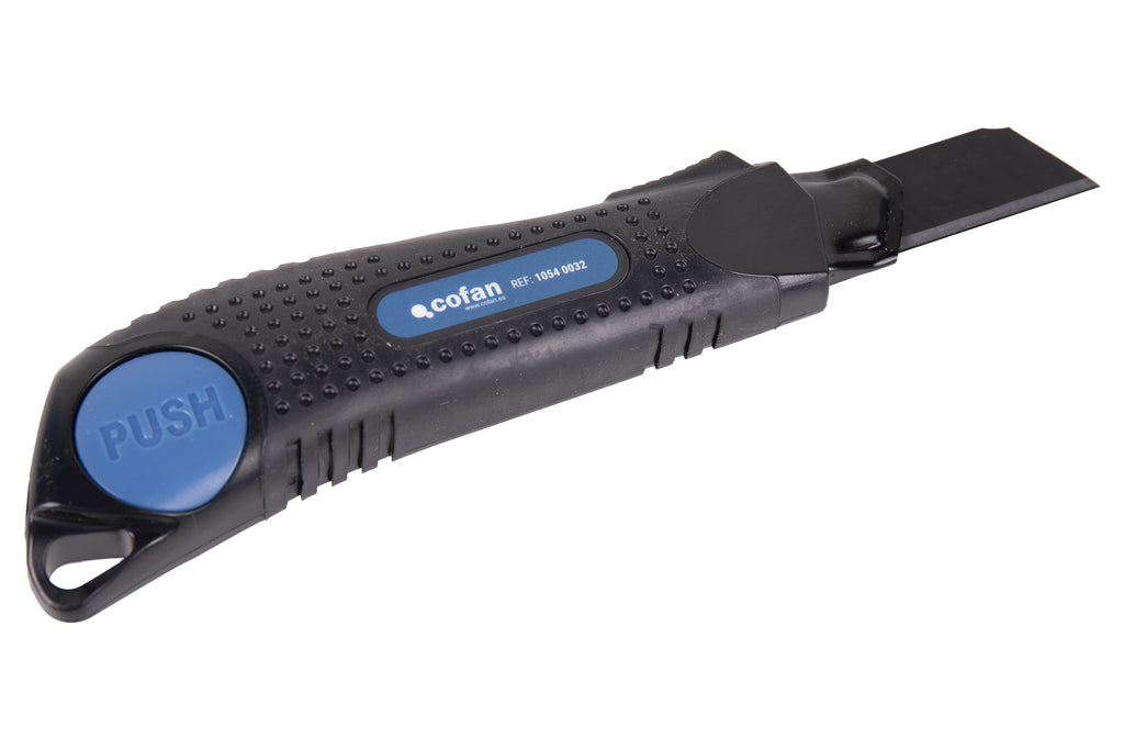 Cofan – Cúter Profesional de ABS con Recubrimiento Antideslizante TPR | Hoja Negra SK2 | Bloqueo Automático | 3 Tamaños Disponibles