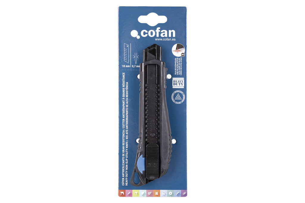 Cofan – Cúter Profesional de ABS con Recubrimiento Antideslizante TPR | Hoja Negra SK2 | Bloqueo Automático | 3 Tamaños Disponibles