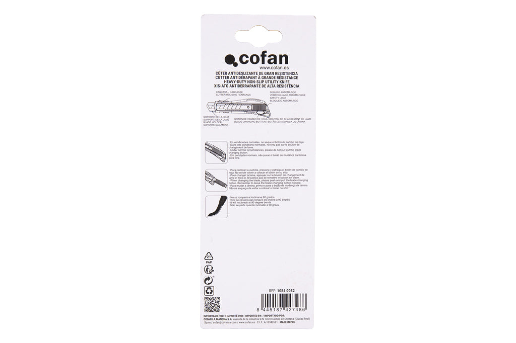 Cofan – Cúter Profesional de ABS con Recubrimiento Antideslizante TPR | Hoja Negra SK2 | Bloqueo Automático | 3 Tamaños Disponibles