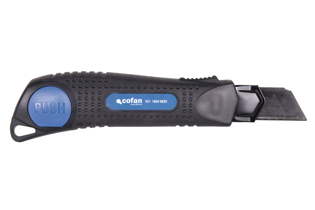 Cofan – Cúter Profesional de ABS con Recubrimiento Antideslizante TPR | Hoja Negra SK2 | Bloqueo Automático | 3 Tamaños Disponibles