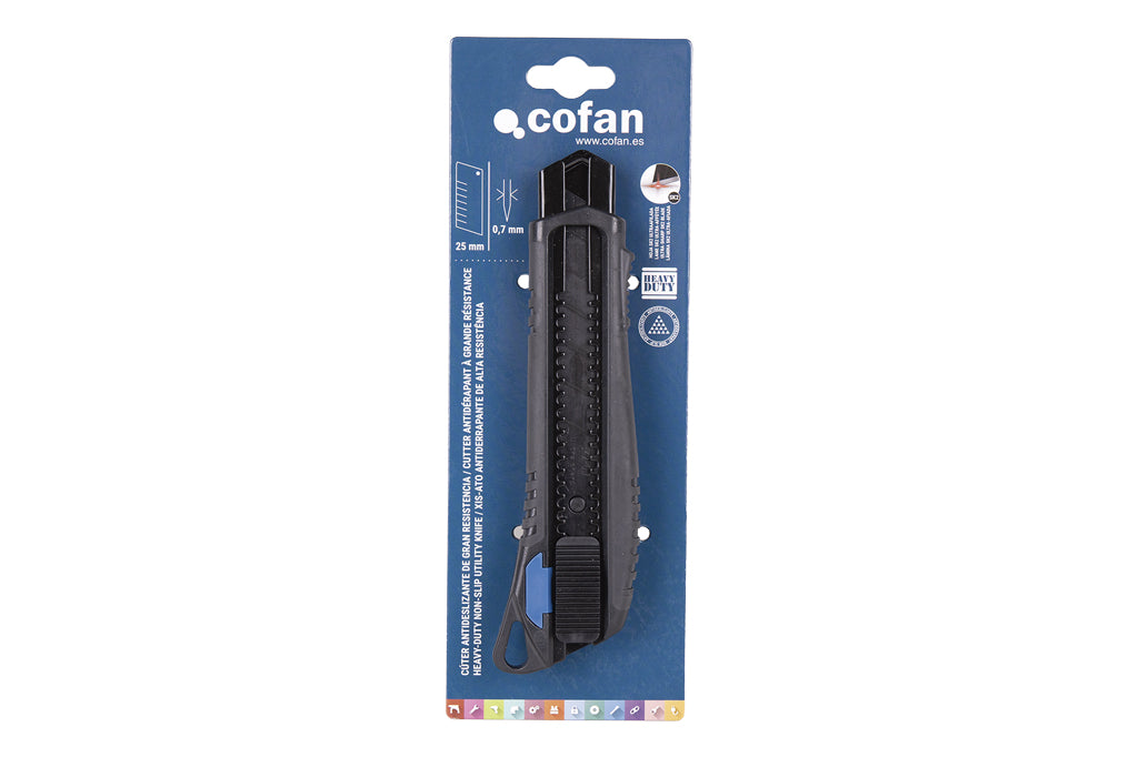 Cofan – Cúter Profesional de ABS con Recubrimiento Antideslizante TPR | Hoja Negra SK2 | Bloqueo Automático | 3 Tamaños Disponibles