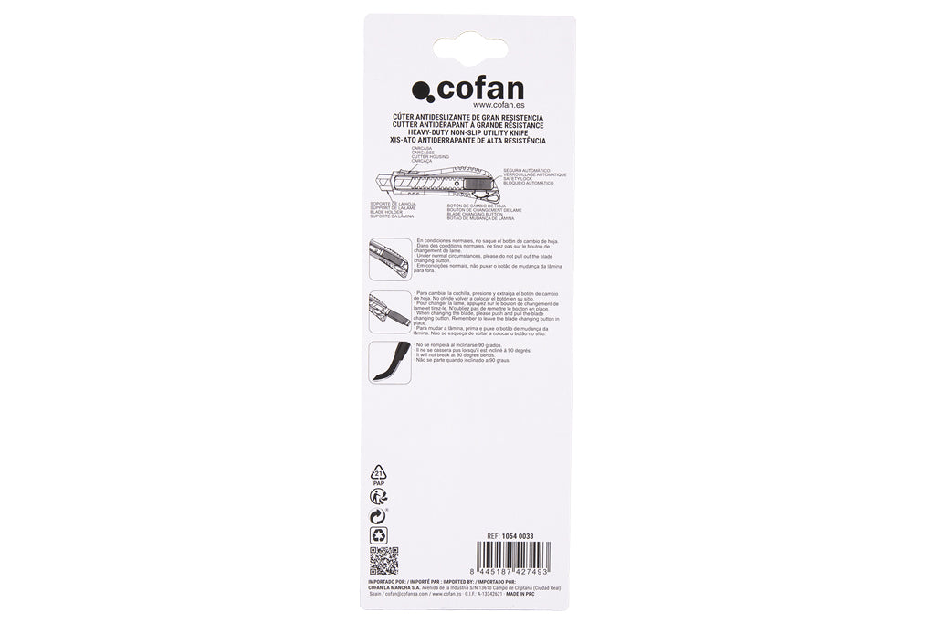 Cofan – Cúter Profesional de ABS con Recubrimiento Antideslizante TPR | Hoja Negra SK2 | Bloqueo Automático | 3 Tamaños Disponibles