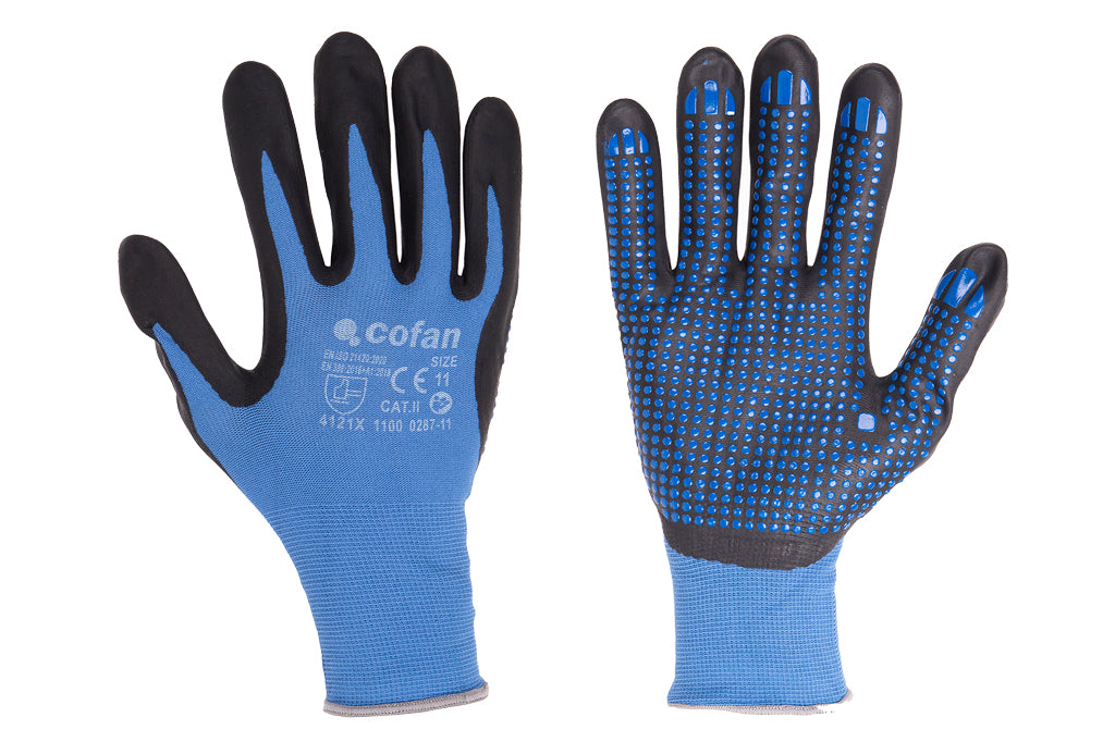 Cofan – Guantes de Nitrilo con Puntos Azules | EN 388: 4121X | Destreza Alta | Tallas 6–11