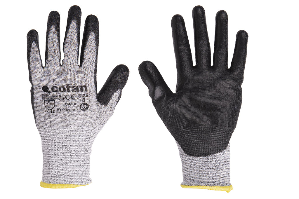 Cofan – Guantes Anticorte Ultraligeros PU Negro | EN 388 4X43D | Tallas 7–11