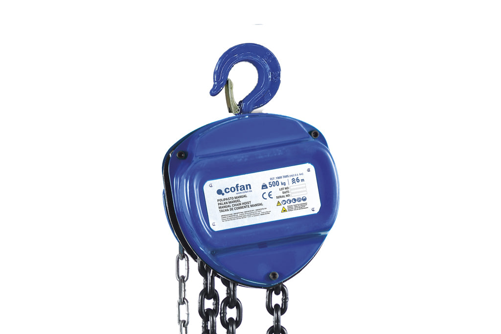 Cofan – Polipasto Manual de Cadena 500-5000 kg | Elevación 6 m | Gancho reforzado | Azul