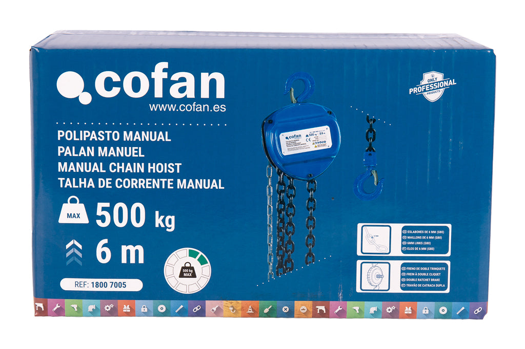 Cofan – Polipasto Manual de Cadena 500-5000 kg | Elevación 6 m | Gancho reforzado | Azul