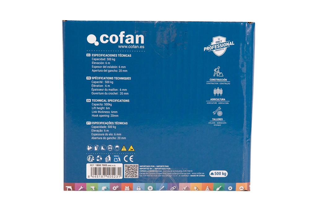 Cofan – Polipasto Manual de Cadena 500-5000 kg | Elevación 6 m | Gancho reforzado | Azul