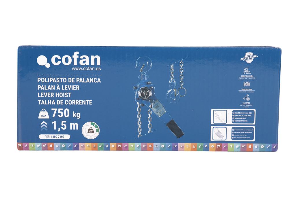 Cofan – Polipasto Manual de Palanca 750-3000kg | Elevación 1,5 m | Palanca ergonómica | Gancho reforzado | Azul