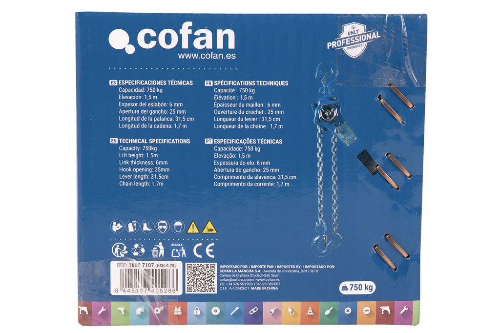 Cofan – Polipasto Manual de Palanca 750-3000kg | Elevación 1,5 m | Palanca ergonómica | Gancho reforzado | Azul