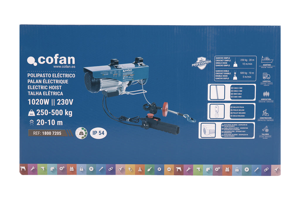 Cofan – Polipasto Eléctrico con Parada de Emergencia | Elevación 10/20 m | Protección IP54 | Con mando