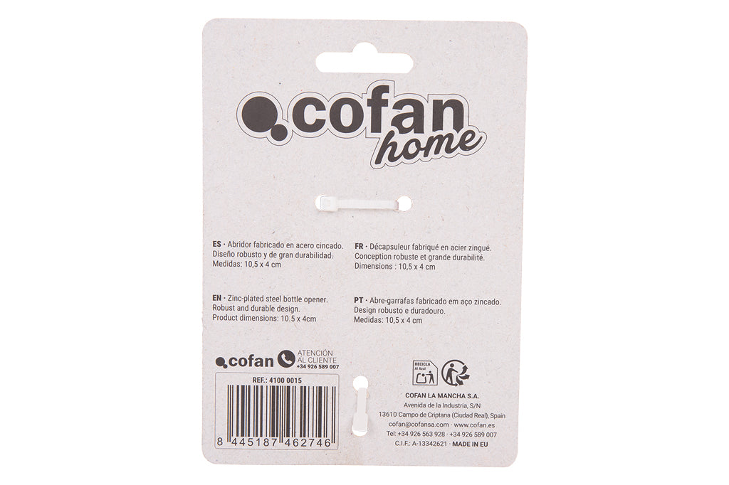 Cofan – Abridor de Botellas Profesional | Acero Cincado | Ideal para Hostelería y Hogar | 10,5 x 4 cm