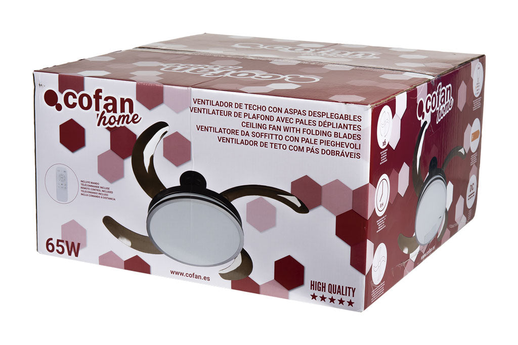 Cofan – Ventilador de Techo con Aspas Plegables | Luz LED 3 Tonos | Motor DC Silencioso | 6 Velocidades