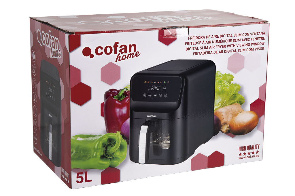 Cofan – Freidora de Aire Digital 5 Litros con Ventana y Rejilla Tostadora | Bajo Consumo 1500W | 8 Programas Preconfigurados