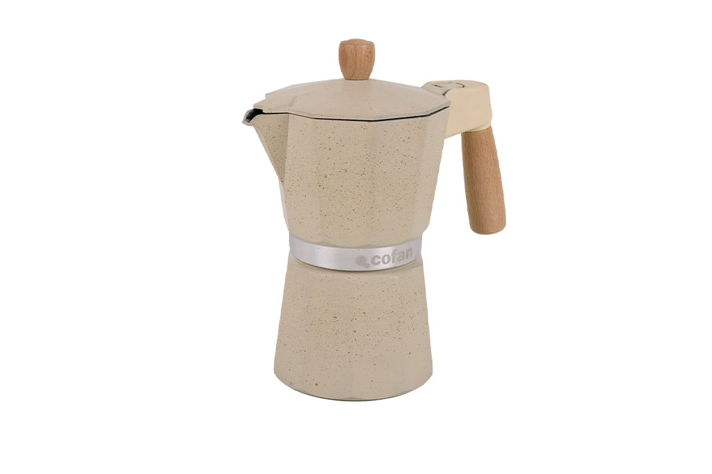 Cafetera Italiana de Inducción 6 Tazas | Aluminio con Mango de Madera | Apta para Todo Tipo de Cocinas