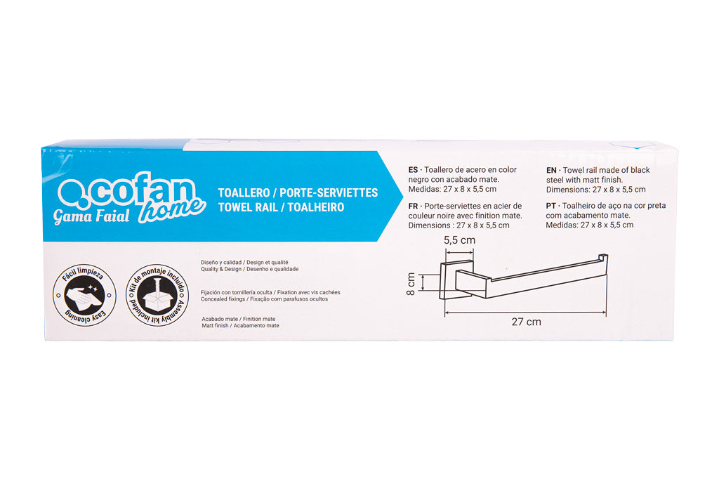 Cofan – Toallero de Baño Negro Mate 27 cm | Acero Inoxidable | Diseño Cuadrado | Kit de Fijación Incluido