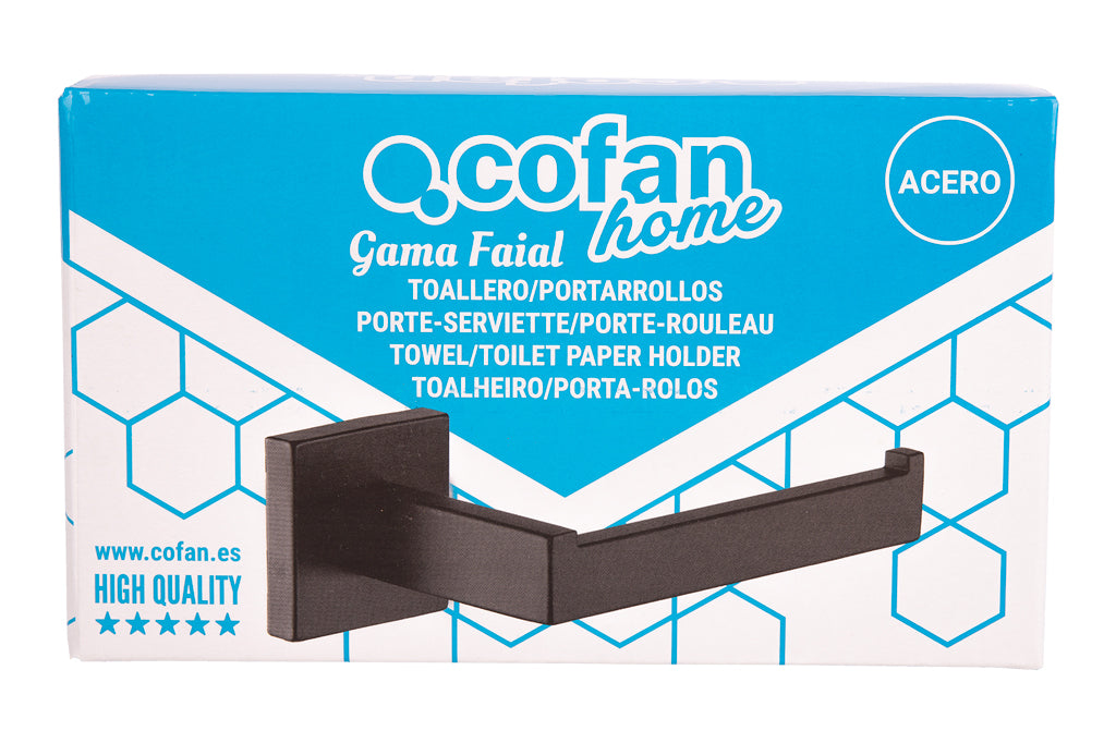 Cofan – Portarrollos Negro Mate | Acero Inoxidable | Diseño Cuadrado | Kit de Fijación Incluido | 16 x 8 x 5,5 cm