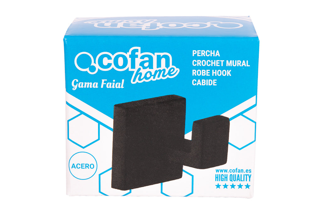 Cofan – Percha Negra Mate | Diseño Cuadrado | Acero Inoxidable | Kit de Fijación Incluido | 5,5 x 6 x 5,5 cm
