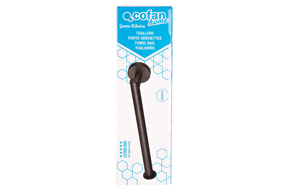 Cofan – Toallero Negro Mate | Diseño Redondo | Acero Inoxidable | Kit de Fijación Incluido | 28 x 8 x 5 cm