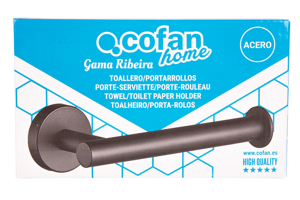 Cofan – Portarrollos Negro Mate | Diseño Redondo | Acero Inoxidable | Kit de Fijación Incluido | 16,5 x 8 x 5 cm