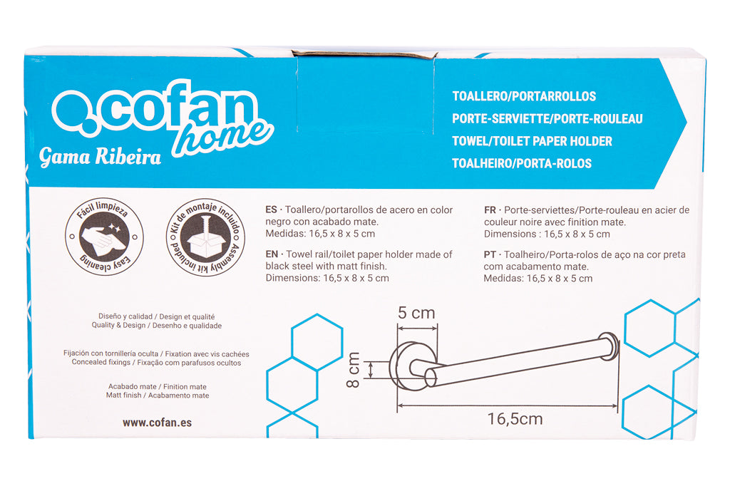 Cofan – Portarrollos Negro Mate | Diseño Redondo | Acero Inoxidable | Kit de Fijación Incluido | 16,5 x 8 x 5 cm