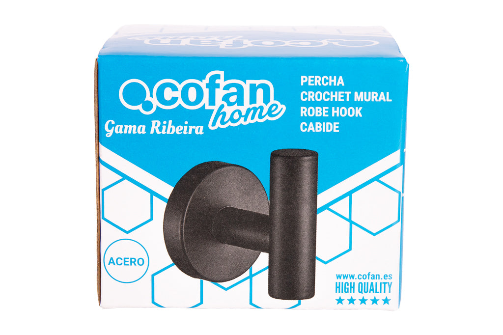Cofan – Percha Negra Mate | Diseño Redondo | Acero Inoxidable | Kit de Fijación Incluido | 5 x 5 x 6 cm