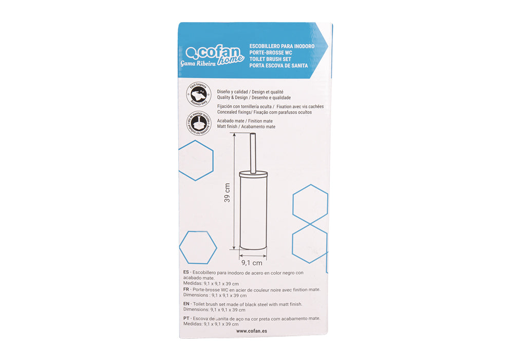 Cofan – Escobillero de Baño Negro Mate | Diseño Redondo | Acero Inoxidable | 9,1 x 9,1 x 39 cm