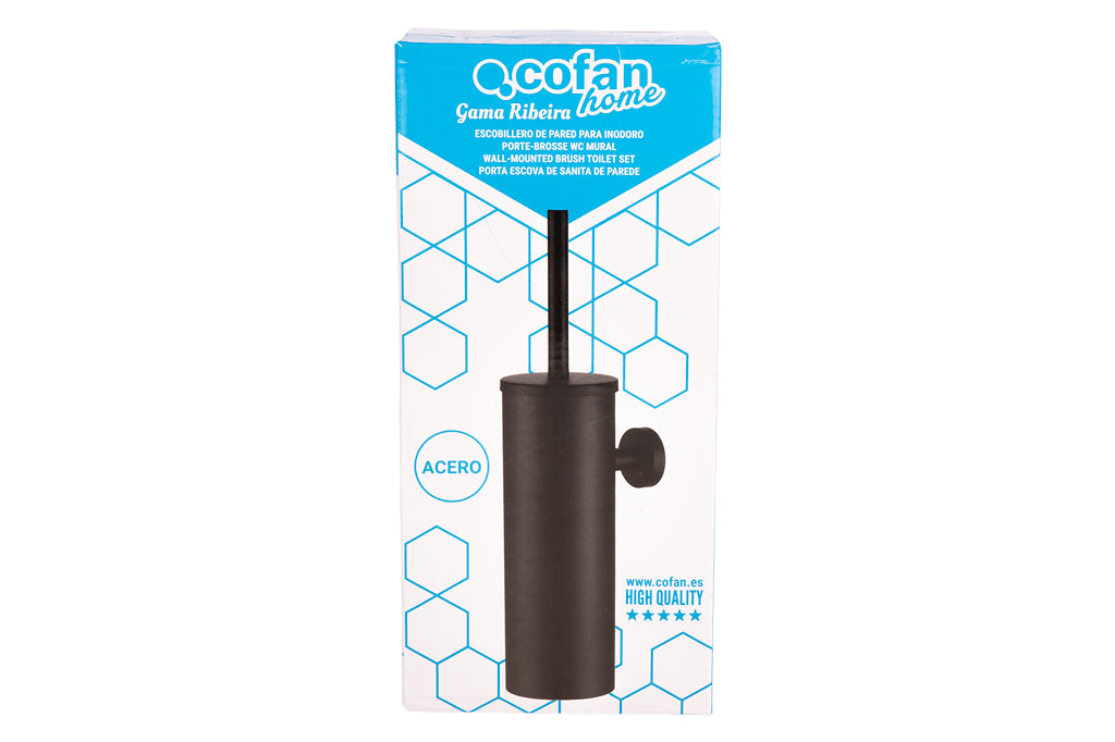 Cofan – Escobillero de Pared Negro Mate Ribeira | Diseño Redondo | Acero Inoxidable | 9,1 x 12,9 x 39 cm