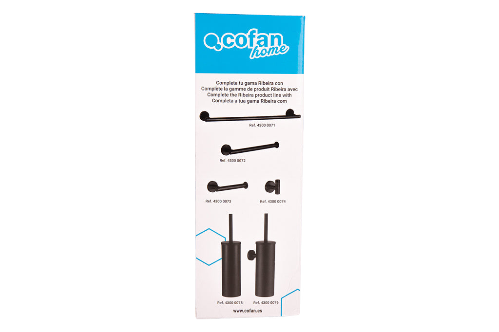 Cofan – Escobillero de Pared Negro Mate Ribeira | Diseño Redondo | Acero Inoxidable | 9,1 x 12,9 x 39 cm