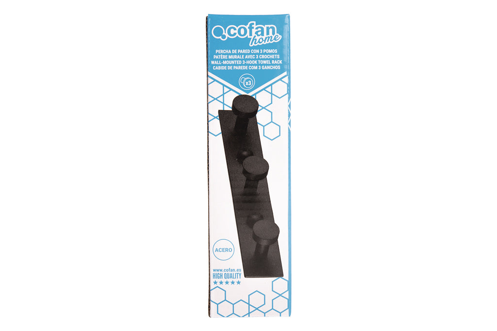 Cofan – Perchero de Pared Negro Mate | Acero Inoxidable | Disponible con 3, 4 o 6 Colgadores