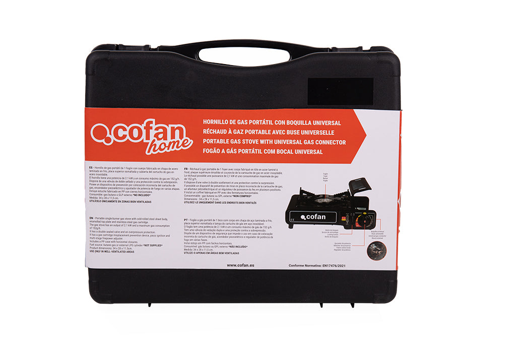 Cofan – Hornillo de Gas Portátil | Encendido Piezoeléctrico | Boquilla Universal | Ideal para Camping y Excursiones