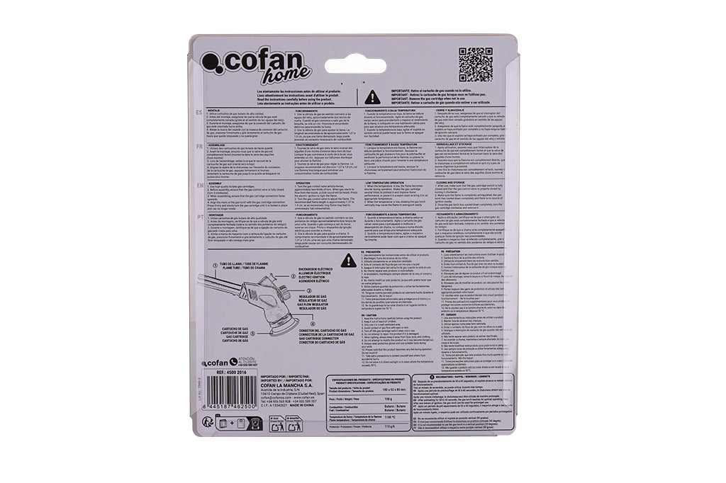 Cofan – Soplete de Gas Piezoeléctrico | Potencia 1,1 kW | Compatible con Cartuchos de 220 g | Cocina, Soldadura y Bricolaje