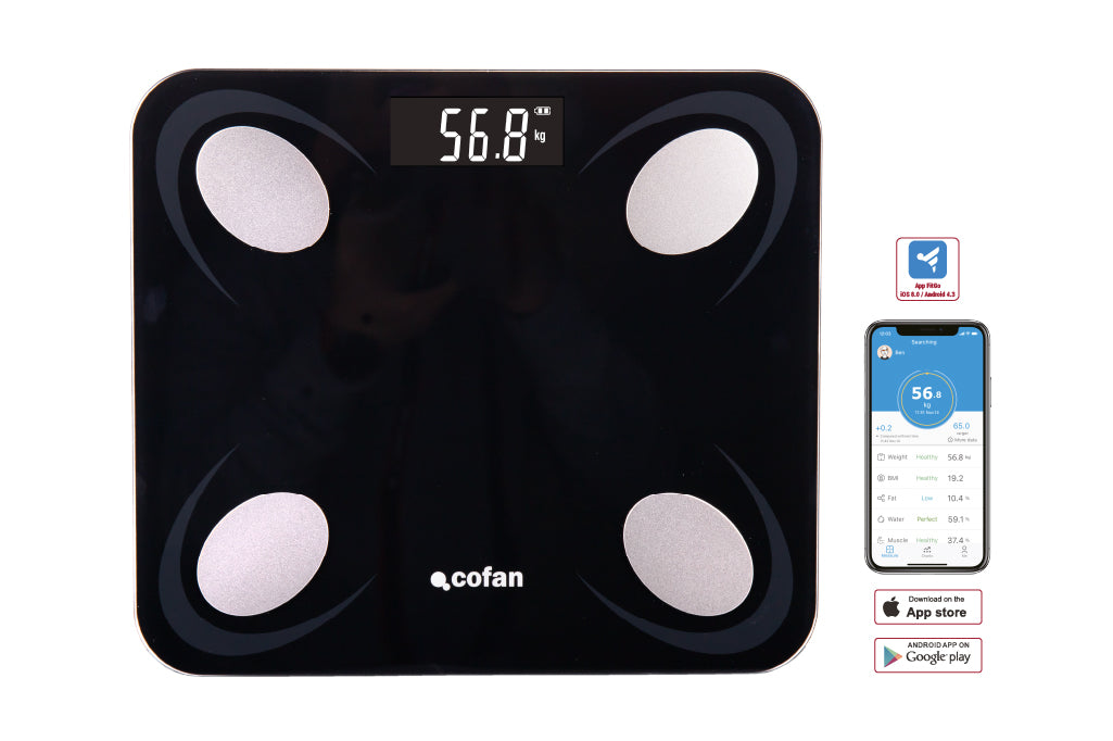 Cofan – Báscula de Baño Digital Inteligente con Bluetooth | Análisis Corporal 12 Datos | Carga USB | Hasta 180 kg