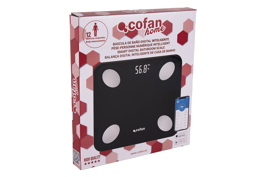 Cofan – Báscula de Baño Digital Inteligente con Bluetooth | Análisis Corporal 12 Datos | Carga USB | Hasta 180 kg