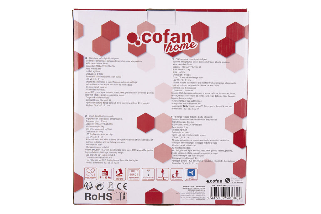 Cofan – Báscula de Baño Digital Inteligente con Bluetooth | Análisis Corporal 12 Datos | Carga USB | Hasta 180 kg