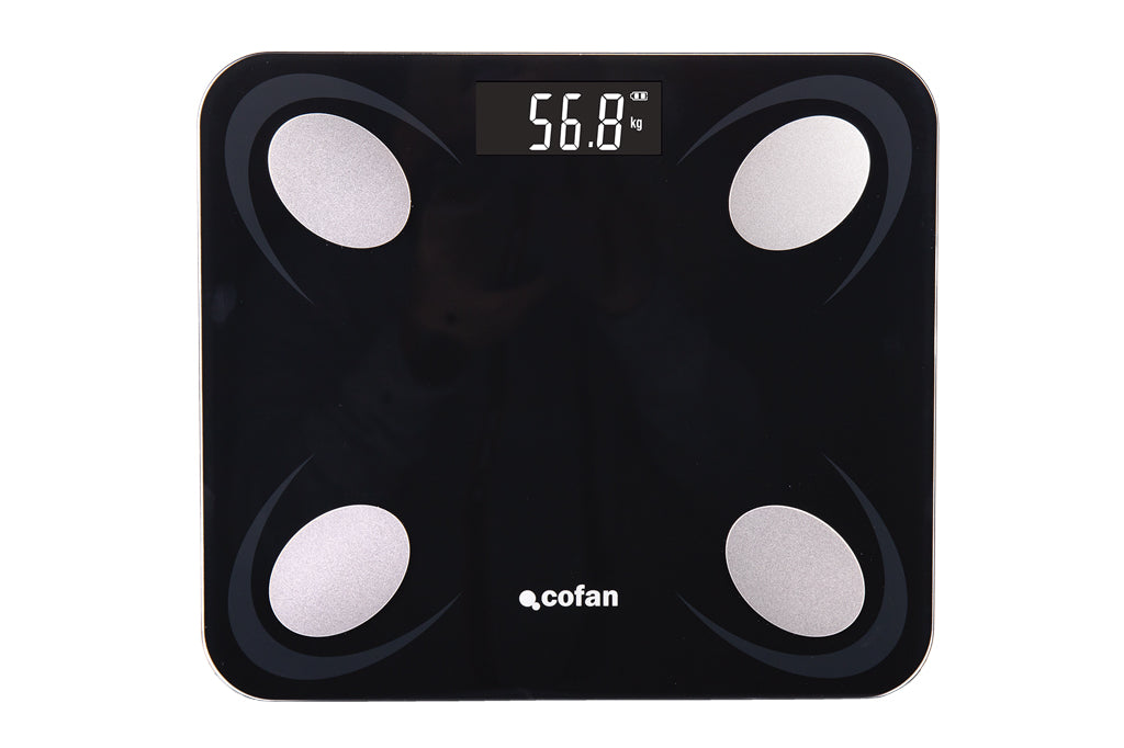 Cofan – Báscula de Baño Digital Inteligente con Bluetooth | Análisis Corporal 12 Datos | Carga USB | Hasta 180 kg
