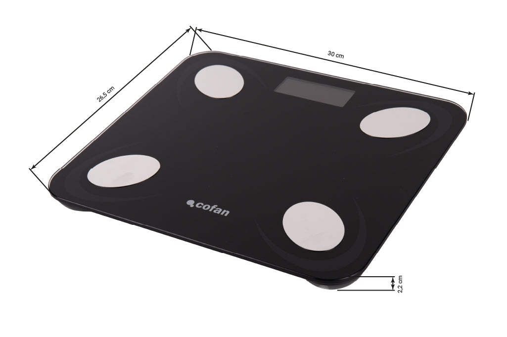 Cofan – Báscula de Baño Digital Inteligente con Bluetooth | Análisis Corporal 12 Datos | Carga USB | Hasta 180 kg