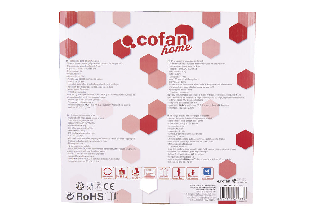 Cofan – Báscula de Baño Digital Inteligente con Bluetooth | Análisis Corporal 12 Datos | Hasta 180 kg | Pilas Incluidas