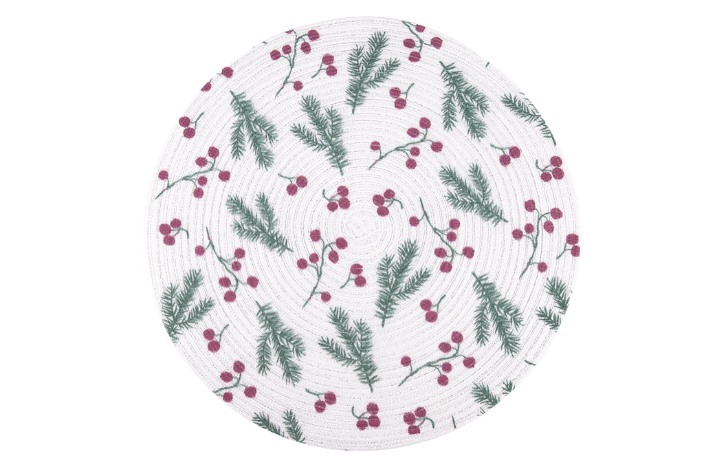 Cofan – Bajoplatos Redondos de Navidad Ø38 cm | Pack 6 Salvamanteles Ramas Verdes y Bayas Rojas
