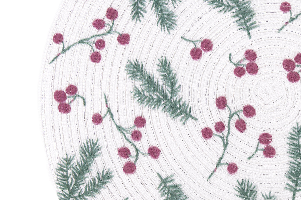 Cofan – Bajoplatos Redondos de Navidad Ø38 cm | Pack 6 Salvamanteles Ramas Verdes y Bayas Rojas