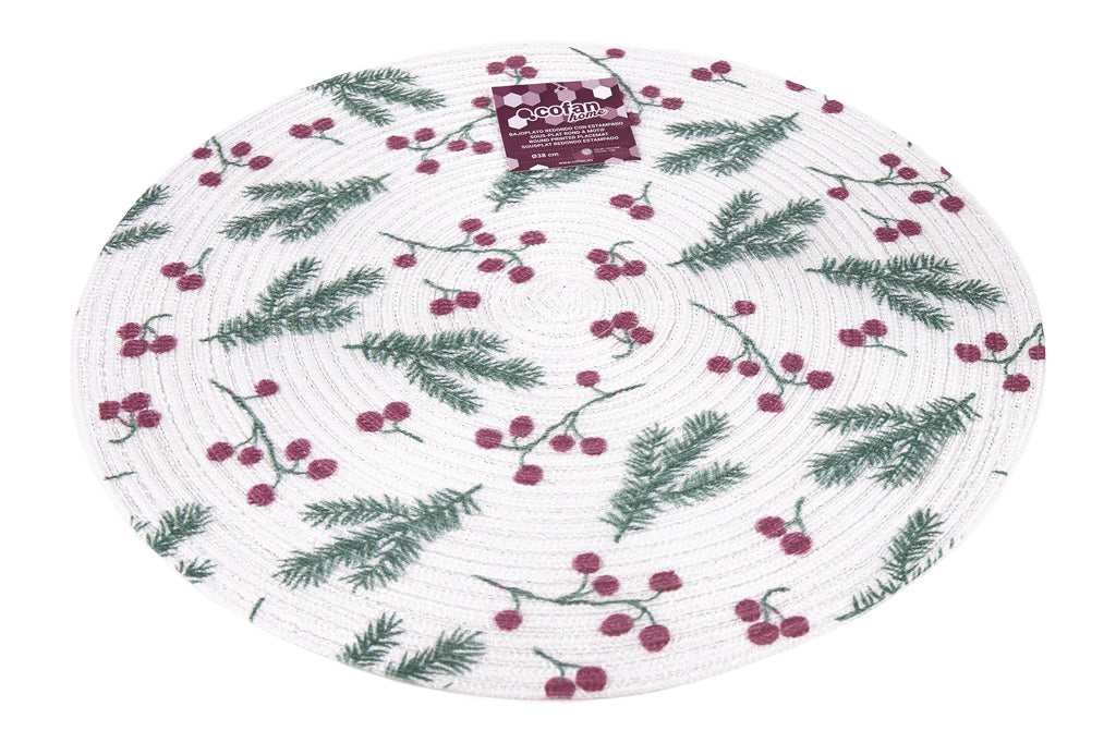 Cofan – Bajoplatos Redondos de Navidad Ø38 cm | Pack 6 Salvamanteles Ramas Verdes y Bayas Rojas